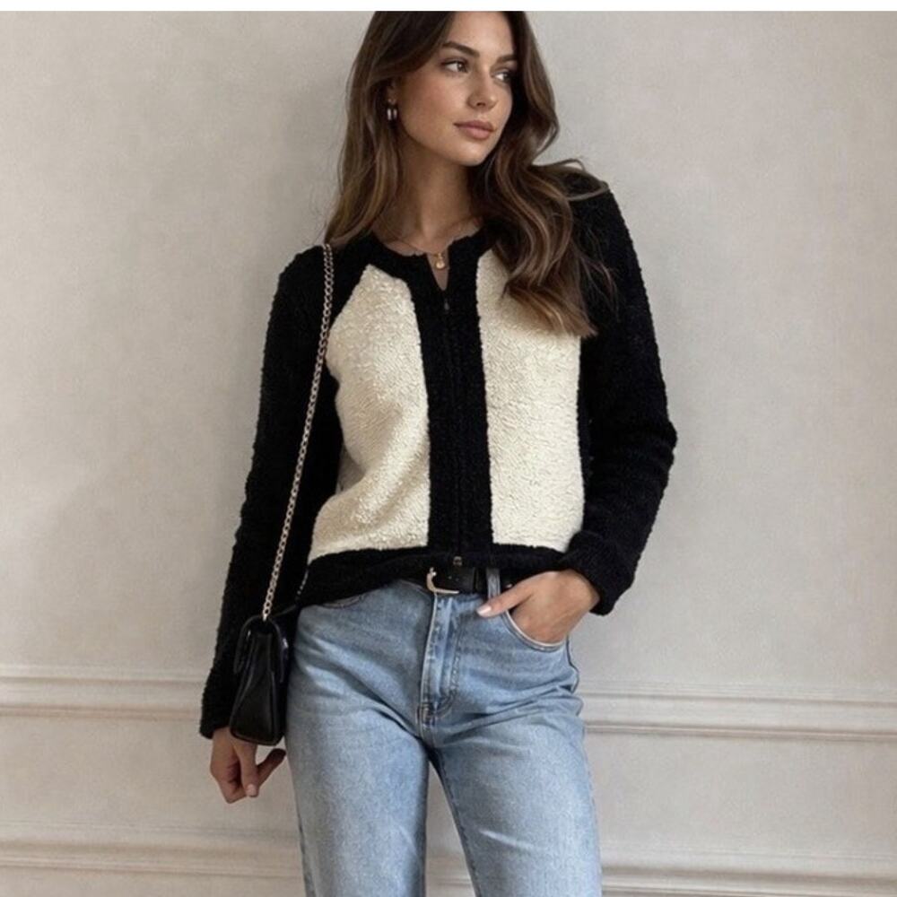 J. Crew Women XS Jacket Boucle Colorblock Full Zip Black Off White LS Chic